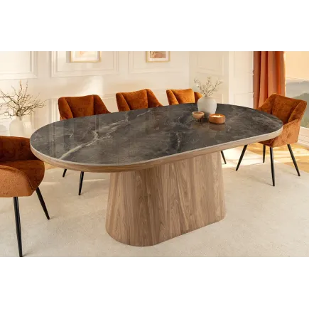 Table ovale en céramique grise 200 cm – Design marbre & pied colonne en noyer 2