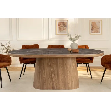 Table ovale en céramique grise 200 cm – Design marbre & pied colonne en noyer 2