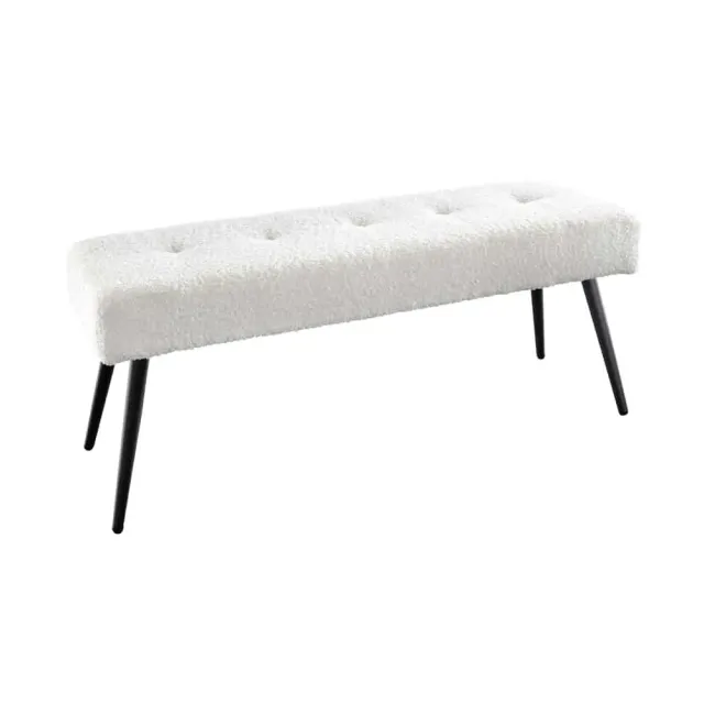 Banquette design BOUTIQUE 100 cm – Assise en bouclé blanc et pieds en métal noir réglables