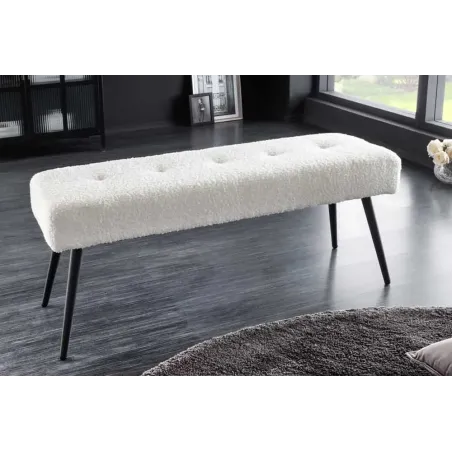 Banquette design BOUTIQUE 100 cm – Assise en bouclé blanc et pieds en métal noir réglables