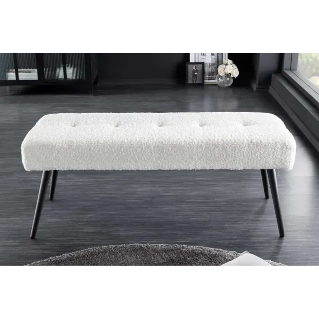 Banquette design BOUTIQUE 100 cm – Assise en bouclé blanc et pieds en métal noir réglables