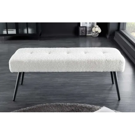 Banquette design BOUTIQUE 100 cm – Assise en bouclé blanc et pieds en métal noir réglables