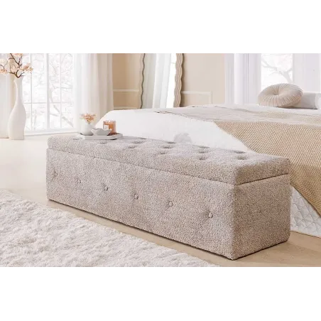 Banquette de lit Chesterfield EXTRAVAGANCIA 140 cm – Tissu bouclé champagner greige avec coffre de rangement intégré