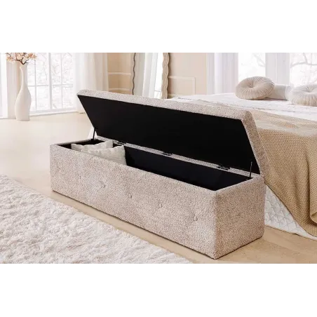 Banquette de lit Chesterfield EXTRAVAGANCIA 140 cm – Tissu bouclé champagner greige avec coffre de rangement intégré