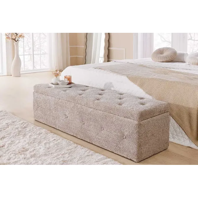 Banquette de lit Chesterfield EXTRAVAGANCIA 140 cm – Tissu bouclé champagner greige avec coffre de rangement intégré