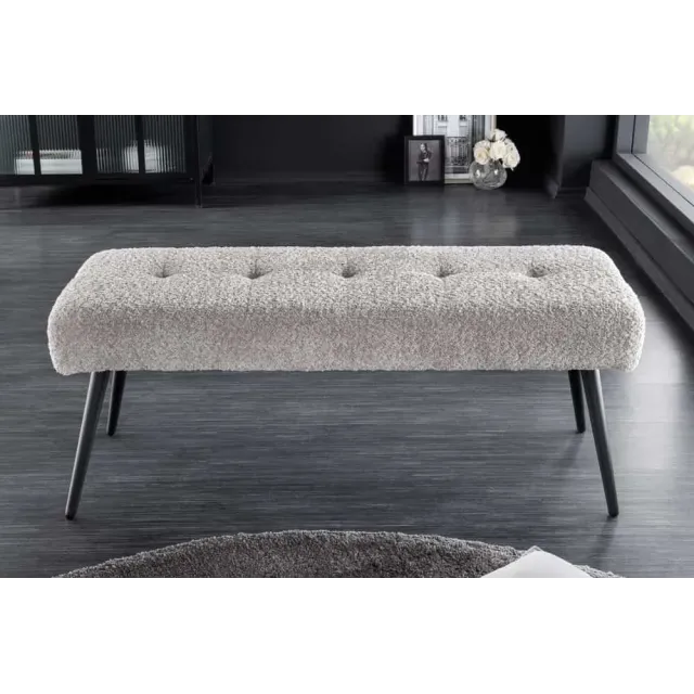 Banquette BOUTIQUE 100 cm – Tissu bouclé champagner greige avec pieds en métal noir réglables