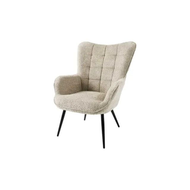 Fauteuil design scandinave – Tissu bouclé champagner greige avec accoudoirs et pieds en métal noir