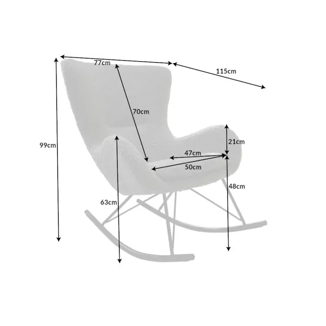Fauteuil à bascule design scandinave  – Tissu bouclé gris clair & pieds métal noir | Élégance nordique et confort relaxant