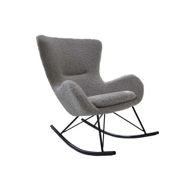 Fauteuil à bascule design scandinave  – Tissu bouclé gris clair & pieds métal noir | Élégance nordique et confort relaxant