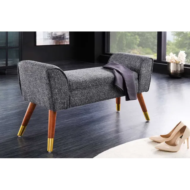 Banquette rétro SCARLETT – 90 cm – Tissu bouclé anthracite avec accoudoirs | Pieds bois & métal doré
