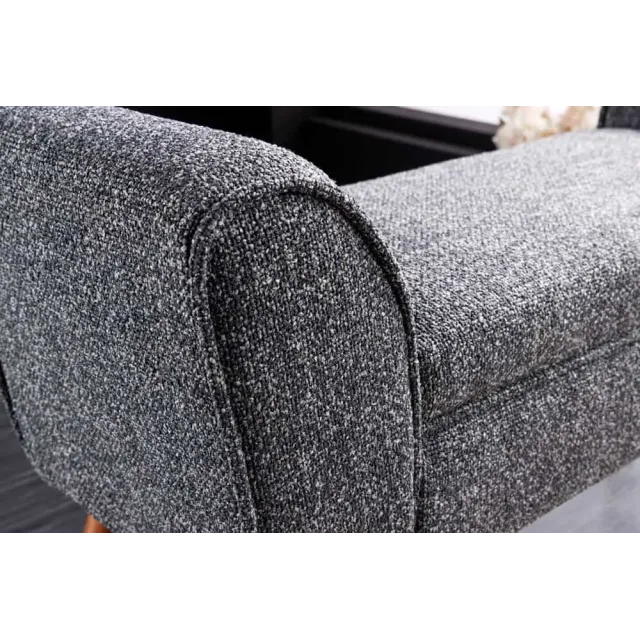 Banquette rétro SCARLETT – 90 cm – Tissu bouclé anthracite avec accoudoirs | Pieds bois & métal doré