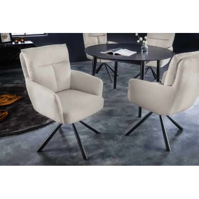 Fauteuil pivotant rétro BIG GEORGE – Bouclé greige, assise à ressorts Bonell & pieds métal noir