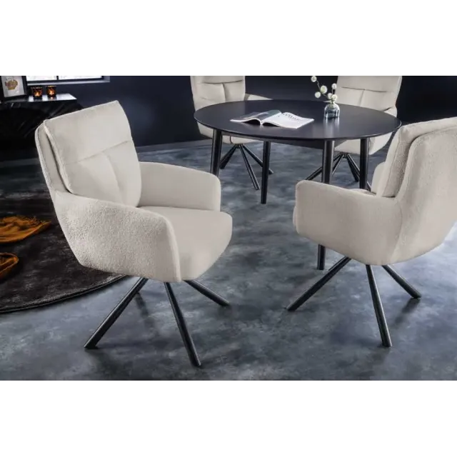 Fauteuil pivotant rétro BIG GEORGE – Bouclé greige, assise à ressorts Bonell & pieds métal noir