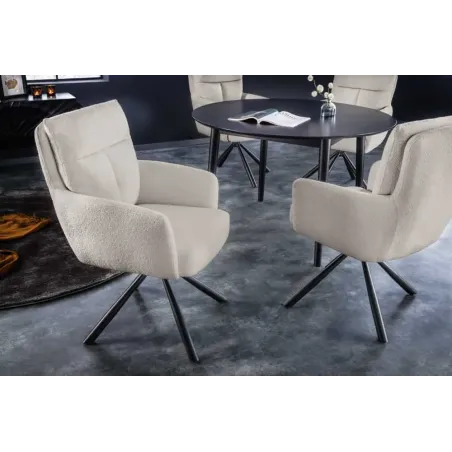 Fauteuil pivotant rétro BIG GEORGE – Bouclé greige, assise à ressorts Bonell & pieds métal noir