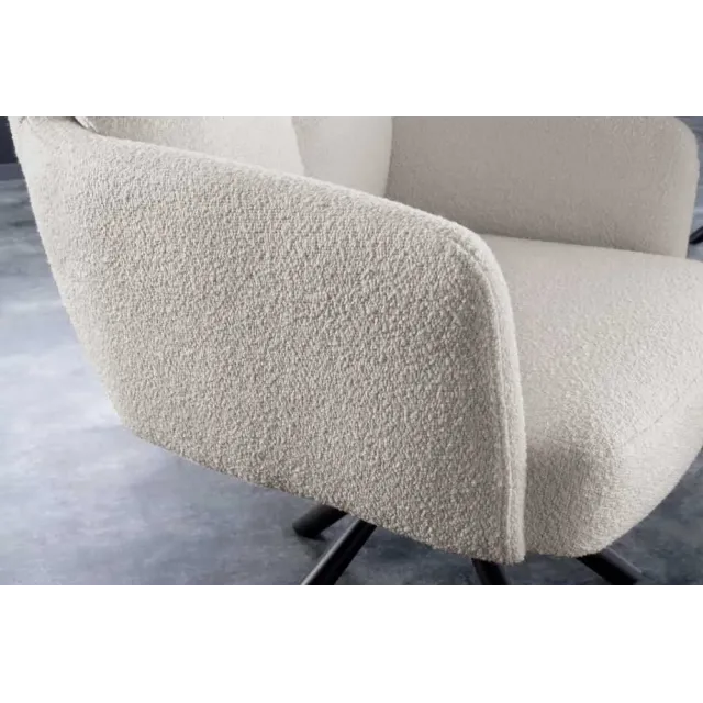Fauteuil pivotant rétro BIG GEORGE – Bouclé greige, assise à ressorts Bonell & pieds métal noir