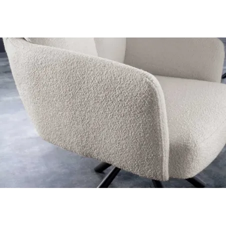 Fauteuil pivotant rétro BIG GEORGE – Bouclé greige, assise à ressorts Bonell & pieds métal noir