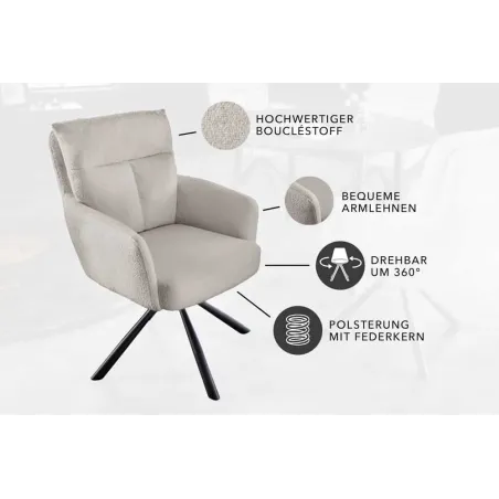 Fauteuil pivotant rétro BIG GEORGE – Bouclé greige, assise à ressorts Bonell & pieds métal noir