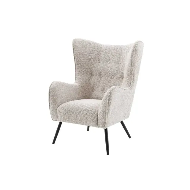 Fauteuil design XL AMSTERDAM – Bouclé greige, dossier capitonné, pieds métal noir