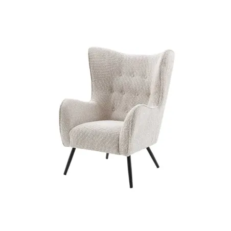 Fauteuil design XL AMSTERDAM – Bouclé greige, dossier capitonné, pieds métal noir