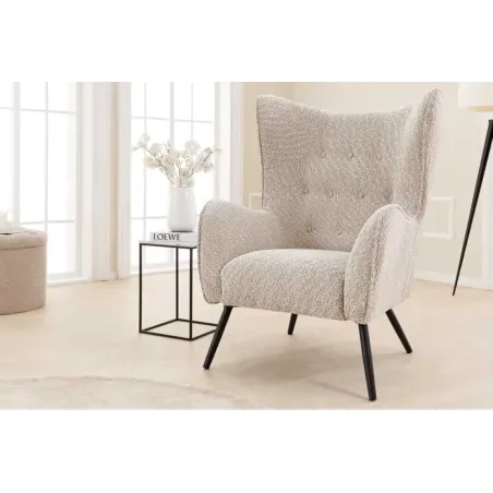 Fauteuil design XL AMSTERDAM – Bouclé greige, dossier capitonné, pieds métal noir