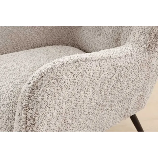 Fauteuil design XL AMSTERDAM – Bouclé greige, dossier capitonné, pieds métal noir