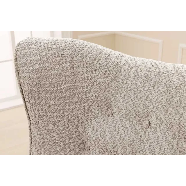 Fauteuil design XL AMSTERDAM – Bouclé greige, dossier capitonné, pieds métal noir