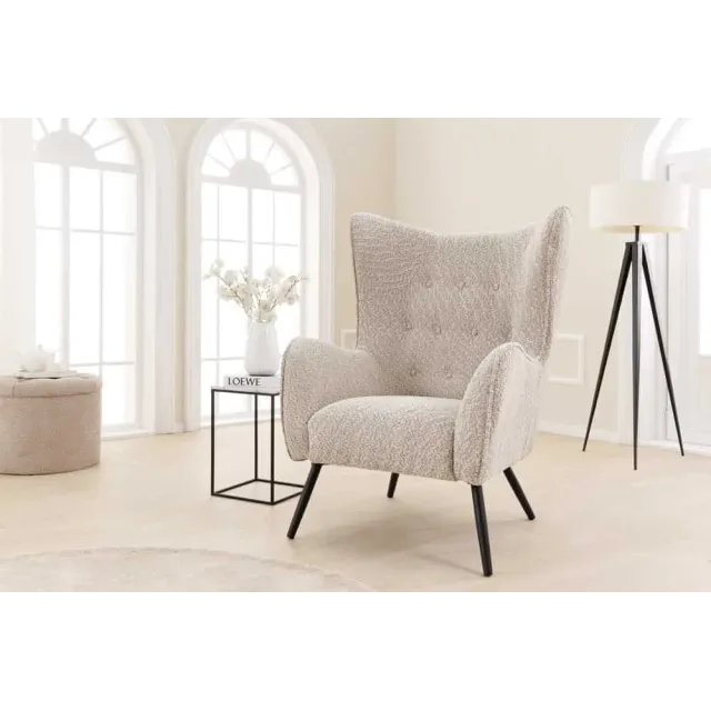 Fauteuil design XL AMSTERDAM – Bouclé greige, dossier capitonné, pieds métal noir
