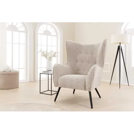 Fauteuil design XL AMSTERDAM – Bouclé greige, dossier capitonné, pieds métal noir