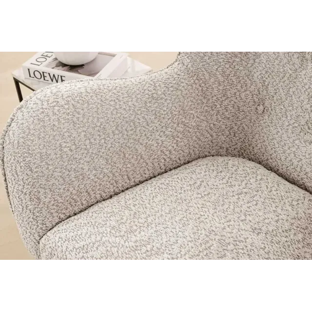 Fauteuil design XL AMSTERDAM – Bouclé greige, dossier capitonné, pieds métal noir