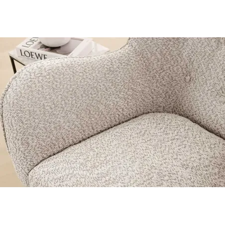 Fauteuil design XL AMSTERDAM – Bouclé greige, dossier capitonné, pieds métal noir