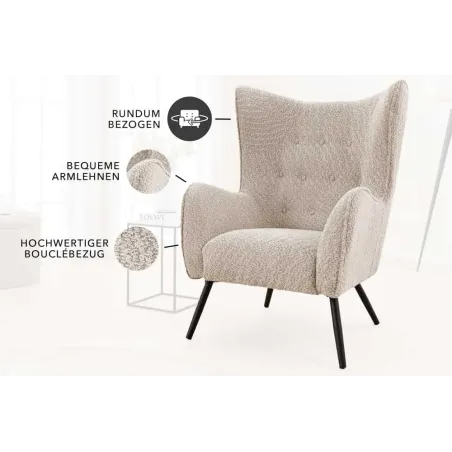 Fauteuil design XL AMSTERDAM – Bouclé greige, dossier capitonné, pieds métal noir