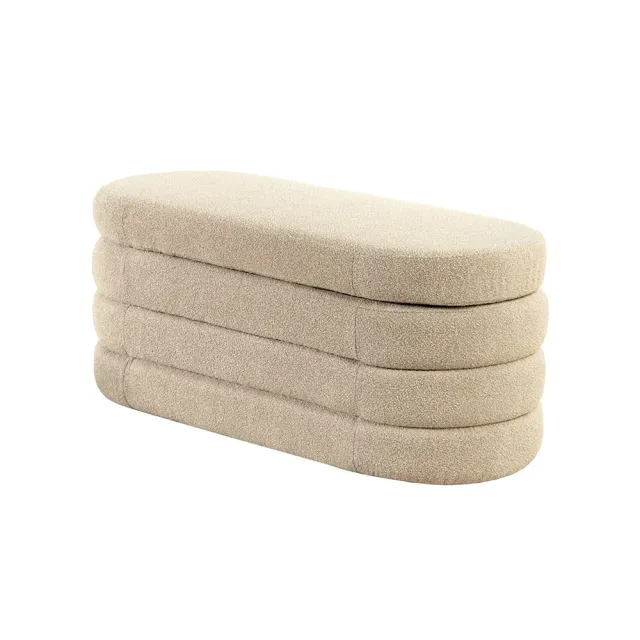 Banquette capitonnée VOGUE – 115 cm – Tissu bouclé taupe avec coffre de rangement intégré