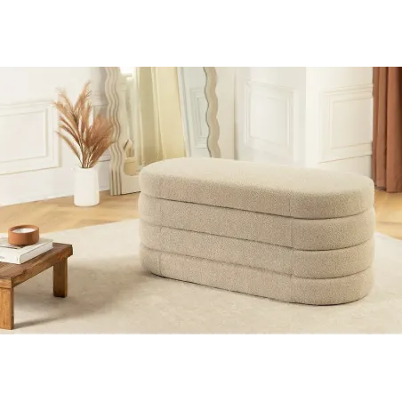Banquette capitonnée VOGUE – 115 cm – Tissu bouclé taupe avec coffre de rangement intégré