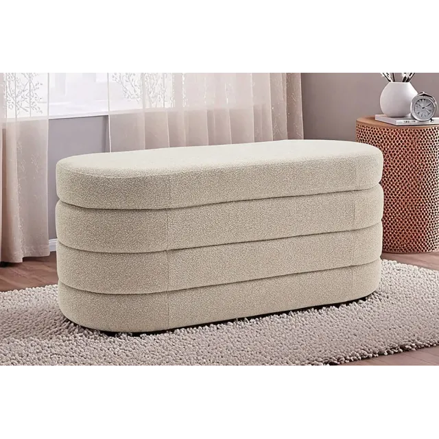 Banquette capitonnée VOGUE – 115 cm – Tissu bouclé taupe avec coffre de rangement intégré