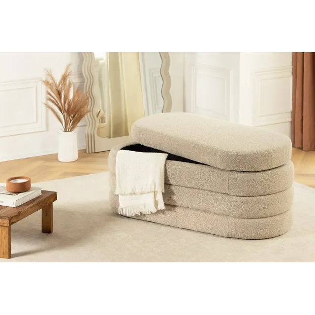 Banquette capitonnée VOGUE – 115 cm – Tissu bouclé taupe avec coffre de rangement intégré