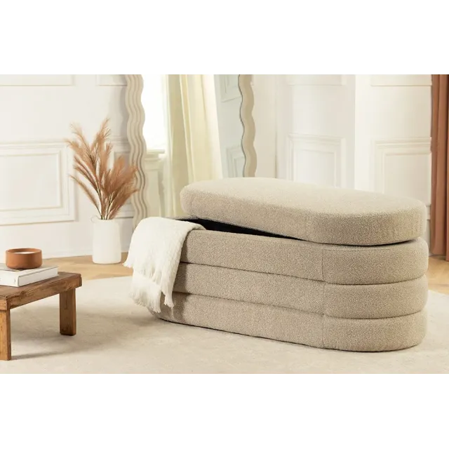 Banquette capitonnée VOGUE – 115 cm – Tissu bouclé taupe avec coffre de rangement intégré