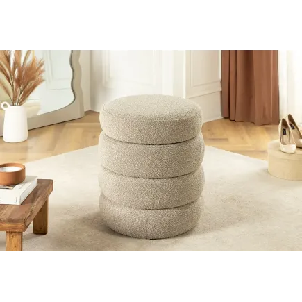 Pouf rond VOGUE 50 cm en tissu bouclé taupe – Siège design avec espace de rangement intégré