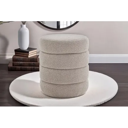 Pouf rond VOGUE 50 cm en tissu bouclé taupe – Siège design avec espace de rangement intégré 2