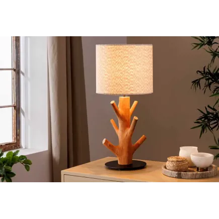 Lampe de table JEWELRY 60 cm en bois massif naturel – Abat-jour blanc & pied en métal noir