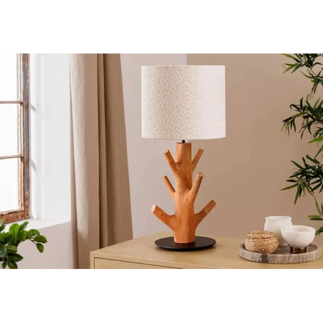 Lampe de table JEWELRY 60 cm en bois massif naturel – Abat-jour blanc & pied en métal noir