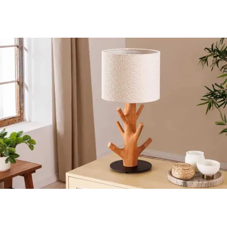 Lampe de table JEWELRY 60 cm en bois massif naturel – Abat-jour blanc & pied en métal noir