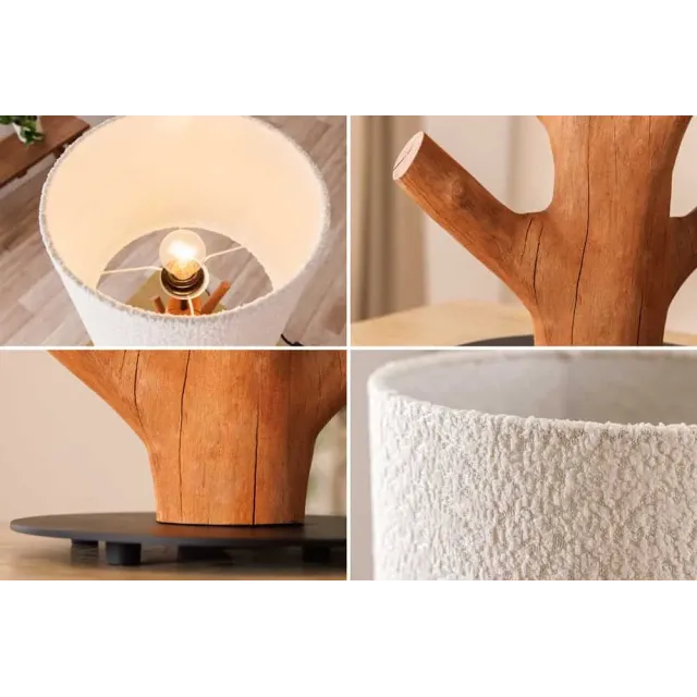 Lampe de table JEWELRY 60 cm en bois massif naturel – Abat-jour blanc & pied en métal noir