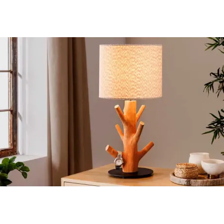 Lampe de table JEWELRY 60 cm en bois massif naturel – Abat-jour blanc & pied en métal noir