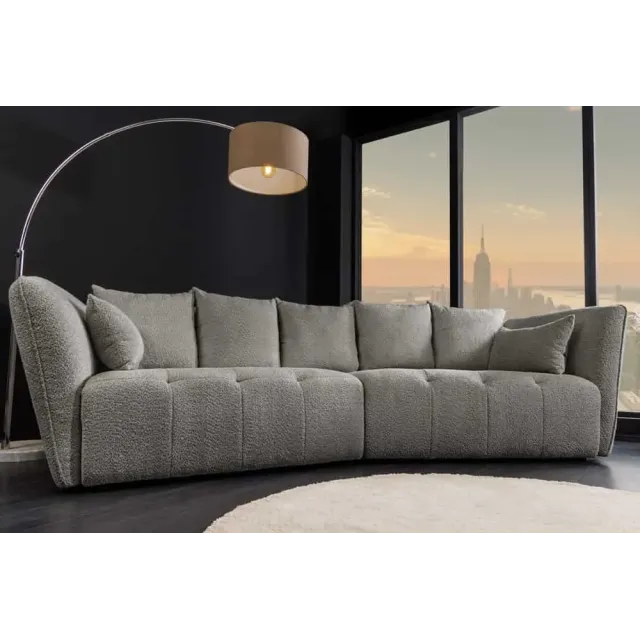 Canapé XXL ROYAL 295 cm gris en tissu bouclé – Grand canapé moderne avec assise à ressorts & 7 coussins inclus