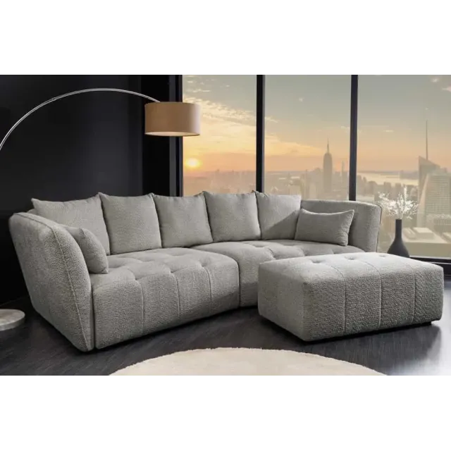 Canapé XXL ROYAL 295 cm gris en tissu bouclé – Grand canapé moderne avec assise à ressorts & 7 coussins inclus