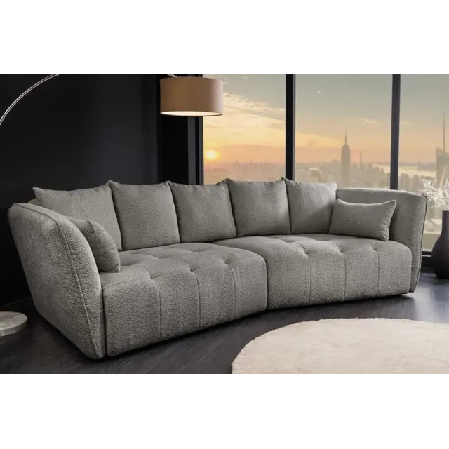 Canapé XXL ROYAL 295 cm gris en tissu bouclé – Grand canapé moderne avec assise à ressorts & 7 coussins inclus