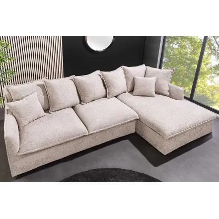 Canapé d’angle HEAVEN 255 cm en bouclé champagne beige – Grand canapé avec ottomane et coussins inclus