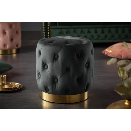 Pouf design baroque moderne – Velours noir & socle doré – 40 cm