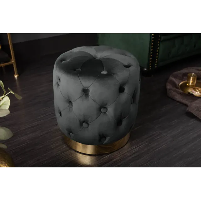 Pouf design baroque moderne – Velours noir & socle doré – 40 cm