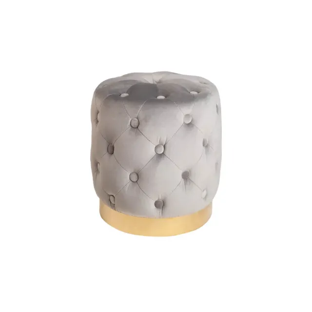 Pouf design baroque moderne – Velours gris clair & base dorée – 37 cm